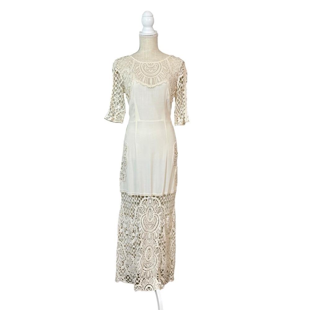 For Love & Lemons 'Gracey' Midi Dress Sz MD Off White Crochet Open Back Wedding